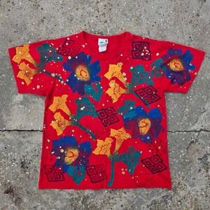 90s EZL T-Shirt Size Medium Kidcore Red Floral Glitter Painted Dopamine Dressing